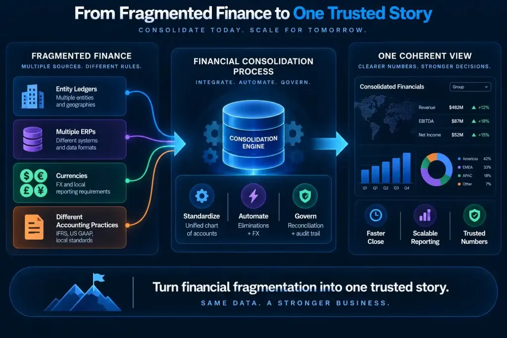 Financial consolidation process transforming multiple entities, ERP systems, currencies, and accounting practices into scalable reporting and one trusted financial view.