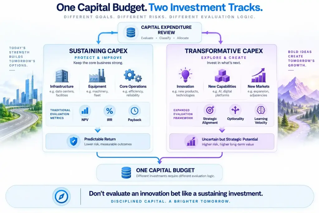 Capital expenditure review comparing sustaining CapEx evaluated by NPV, IRR and payback with transformative innovation CapEx evaluated through strategic alignment, optionality and learning.