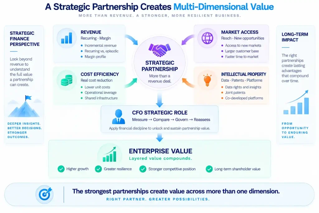 CFO strategic role evaluating partnership value across revenue, market access, cost efficiency, and intellectual property to measure enterprise value.