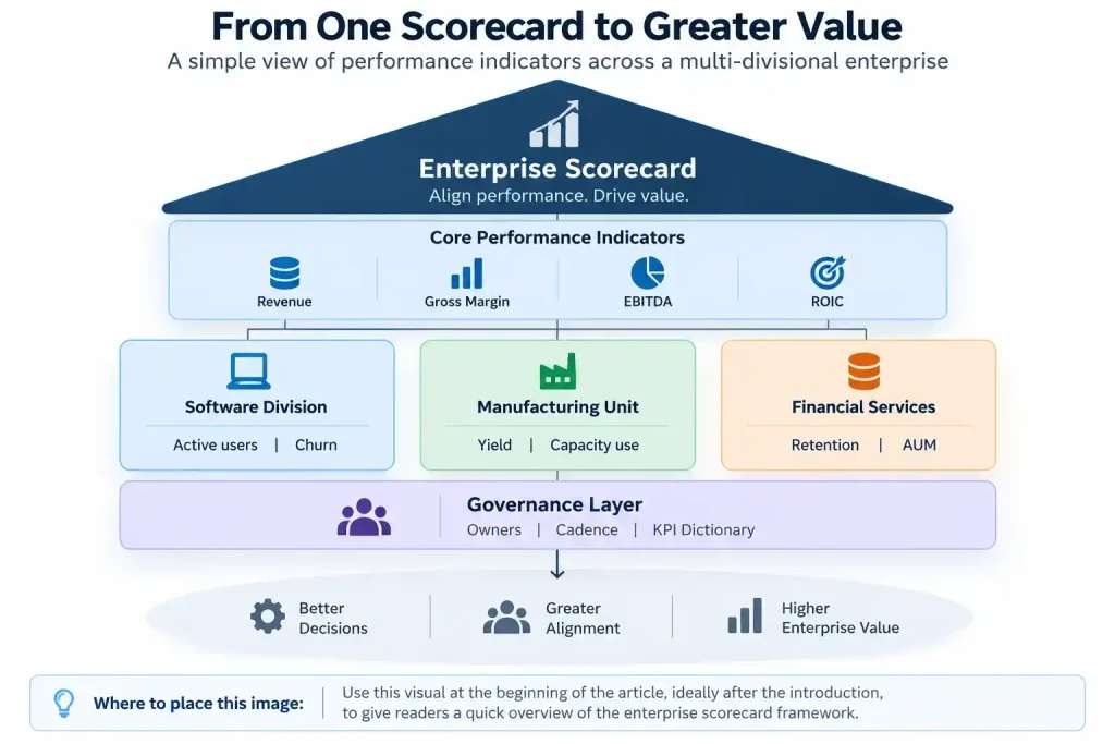 “Enterprise performance indicator framework showing core KPIs including revenue, gross margin, EBITDA and ROIC alongside software, manufacturing and financial services metrics, supported by KPI governance.”