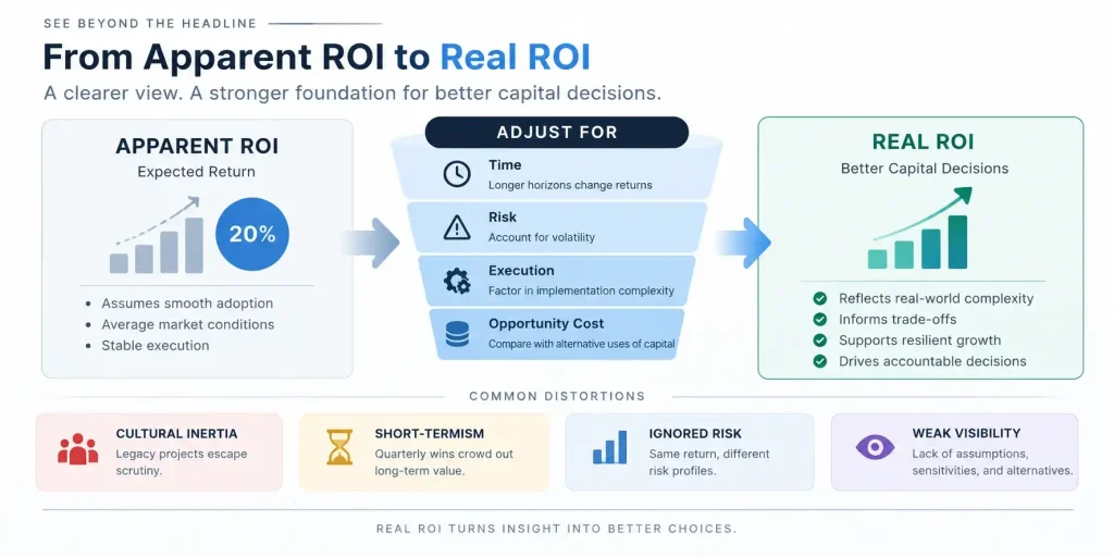 “Diagram showing the progression from apparent ROI to real ROI by accounting for time, risk, execution complexity, and opportunity cost, with cultural inertia, short-termism, ignored risk, and weak visibility identified as common distortions.”