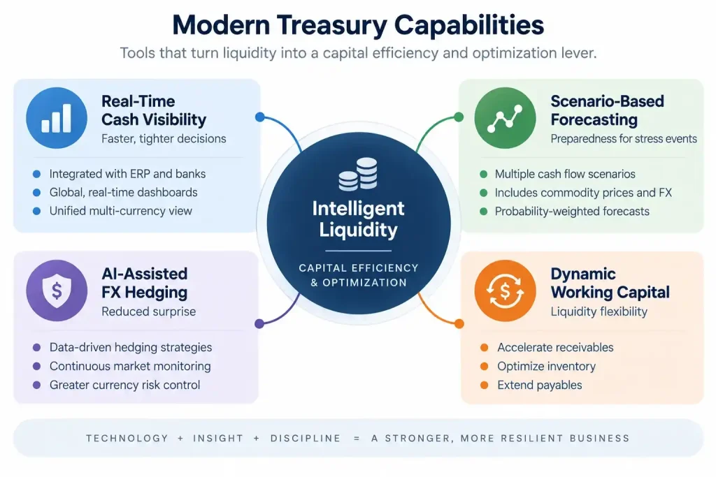 Modern treasury capabilities including real-time cash visibility, scenario forecasting, AI-assisted FX hedging and dynamic working capital