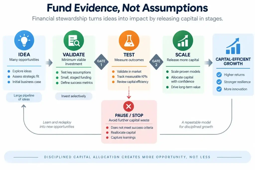Stage-gated innovation funding model showing how financial stewardship validates ideas, controls capital deployment and scales successful investments