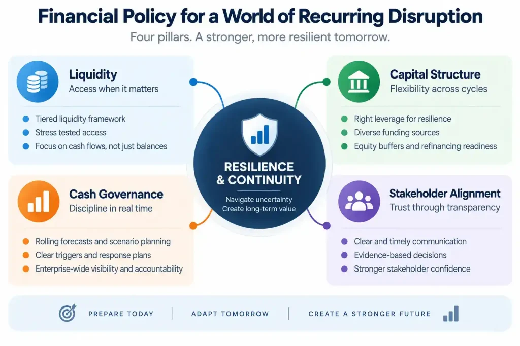 Post-COVID financial policy strategy framework covering liquidity, capital structure, cash governance and stakeholder trust for business resilience