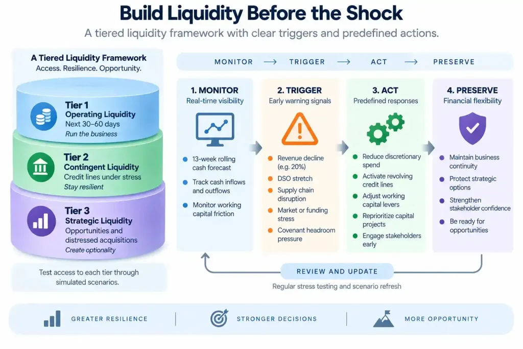 Tiered liquidity framework with 13-week cash forecasting, financial stress triggers and predefined response actions
