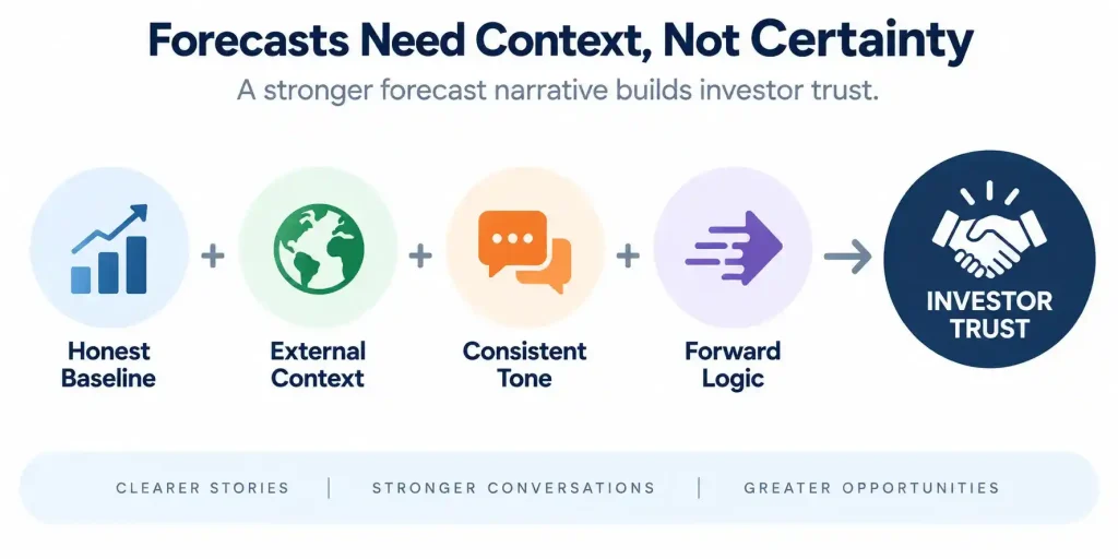 CFO forecast narrative framework connecting honest baselines, external context, consistent tone and forward logic with investor trust