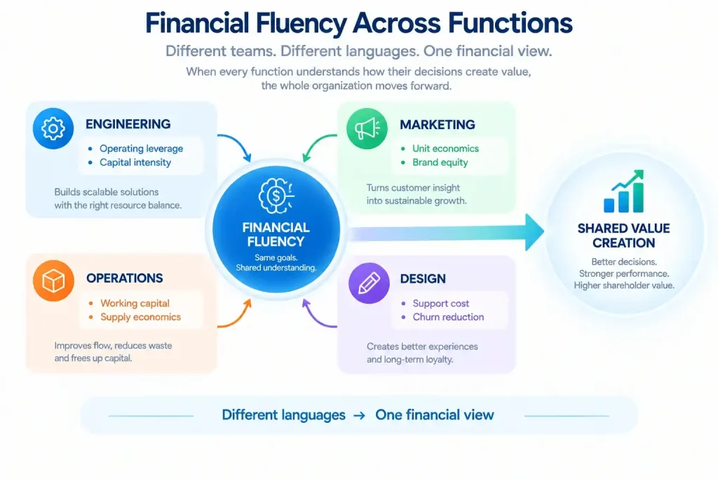 Financial fluency framework connecting engineering, marketing, operations and design to shared value creation