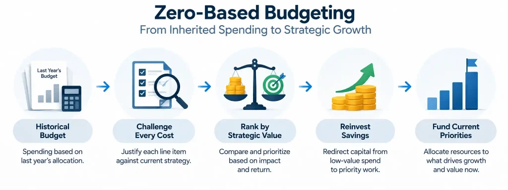 Zero-based budgeting process showing how CFOs shift spending from historical budgets to strategic priorities