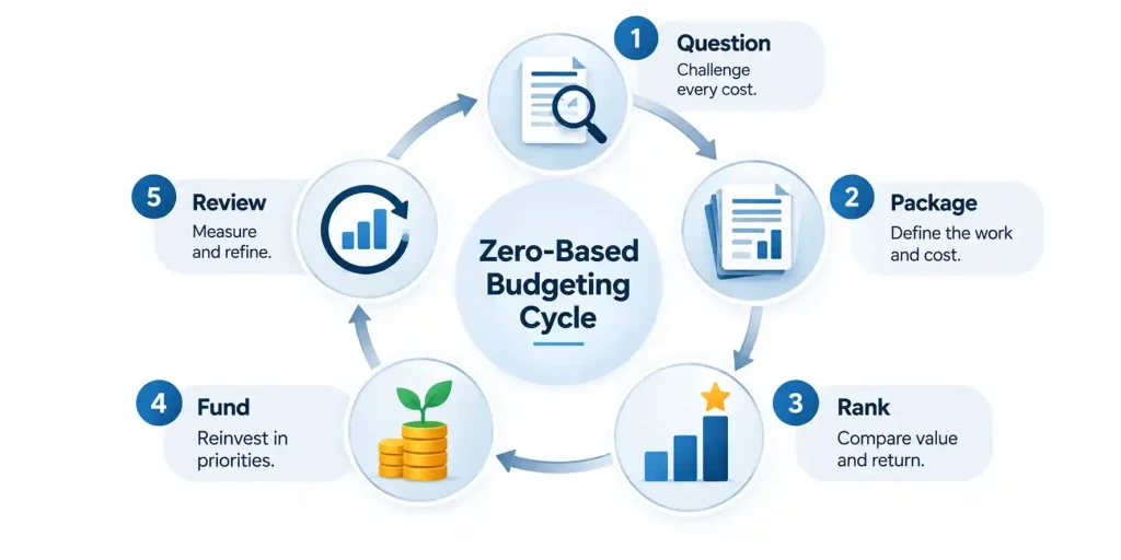 Zero-based budgeting cycle showing how CFOs question costs, build decision packages, rank spending, fund priorities, and review outcomes