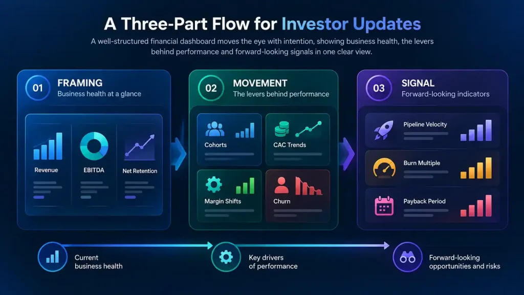 “Financial dashboard investor update flow from business health to performance drivers and forward-looking signals”