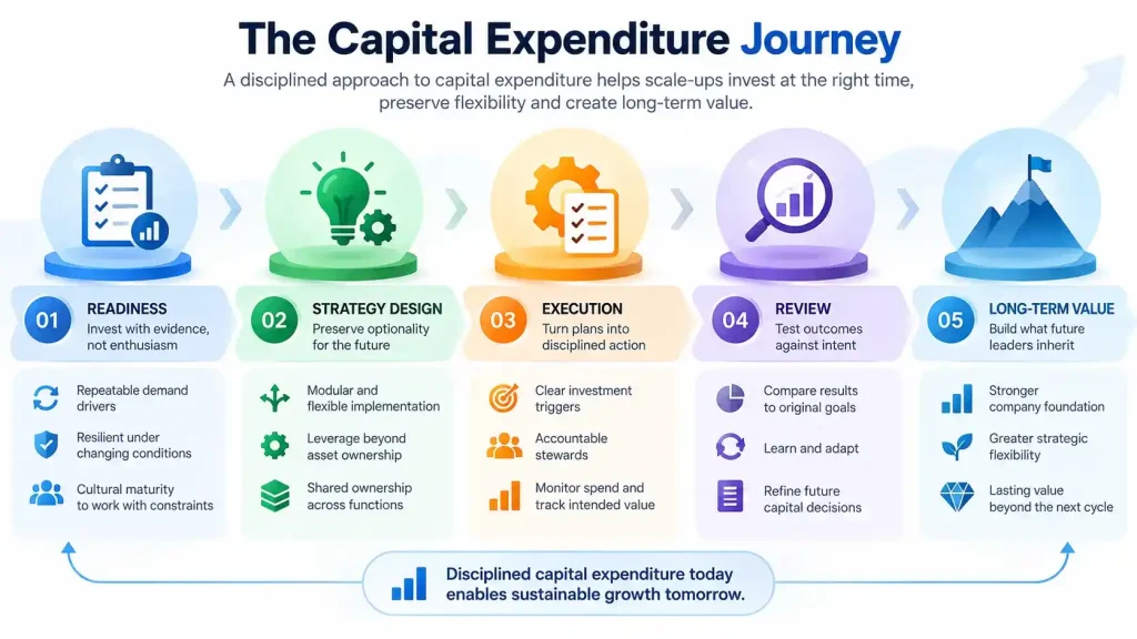 “Capital expenditure lifecycle showing readiness, strategy design, execution, review, and long-term legacy”