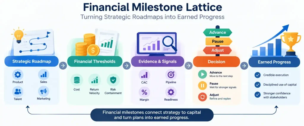 “Financial milestone lattice showing how CFOs connect strategic roadmaps, financial thresholds, business signals, and earned progress”