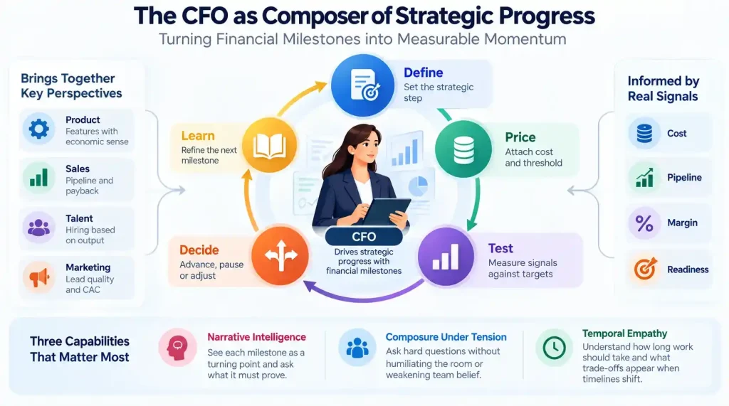 “CFO financial milestones cycle showing define, price, test, decide, and learn with strategic leadership capabilities”