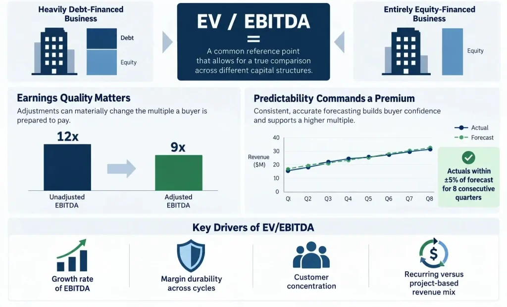 Infographic explaining EV/EBITDA as the anchor valuation multiple for mature businesses, showing capital structure comparison, EBITDA adjustment impact from 12x to 9x, forecast accuracy, and key drivers of EV/EBITDA