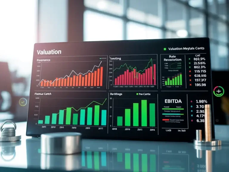 Financial dashboard displaying valuation multiples, EBITDA trends, and growth rate metrics for business valuation analysis
