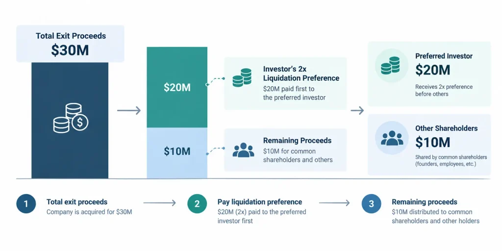 Liquidation preference waterfall showing how a $30 million startup exit pays a $20 million 2x preference to an investor first, leaving $10 million for other shareholders.