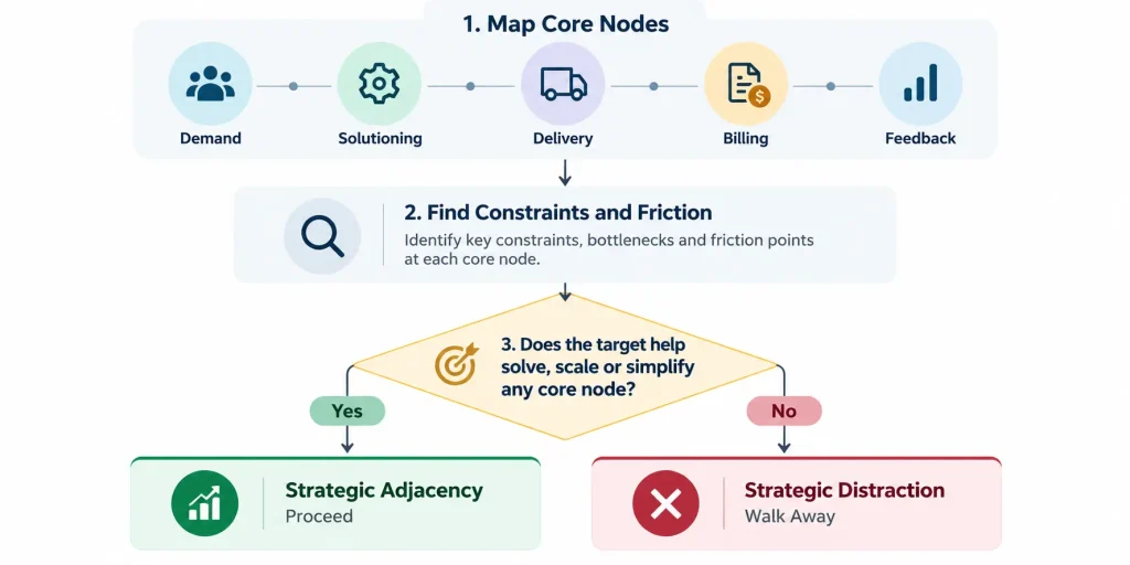Strategic adjacency assessment framework showing how CFOs evaluate acquisition targets against core business capabilities and decide whether to proceed or walk away.