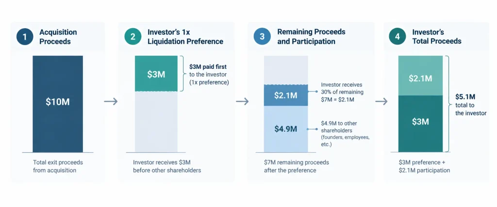 Venture capital liquidation preference waterfall showing a $10 million acquisition, $3 million investor preference, $2.1 million participation in remaining proceeds, and $5.1 million total investor return.