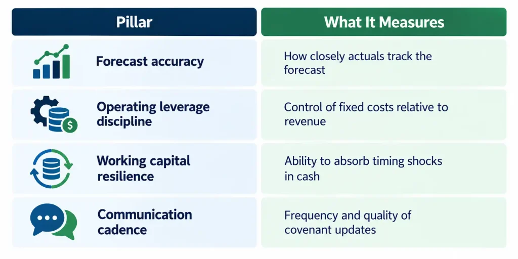 Covenant Readiness Index table showing four covenant management pillars: forecast accuracy, operating leverage, working capital, communication