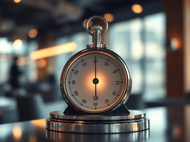 Silver stopwatch on a desk in a modern office, representing time to value and hiring timelines in workforce planning