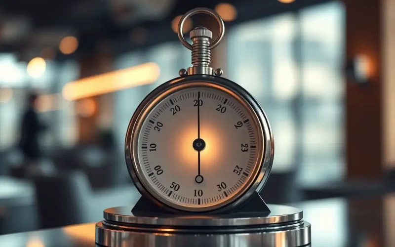 Silver stopwatch on a desk in a modern office, representing time to value and hiring timelines in workforce planning