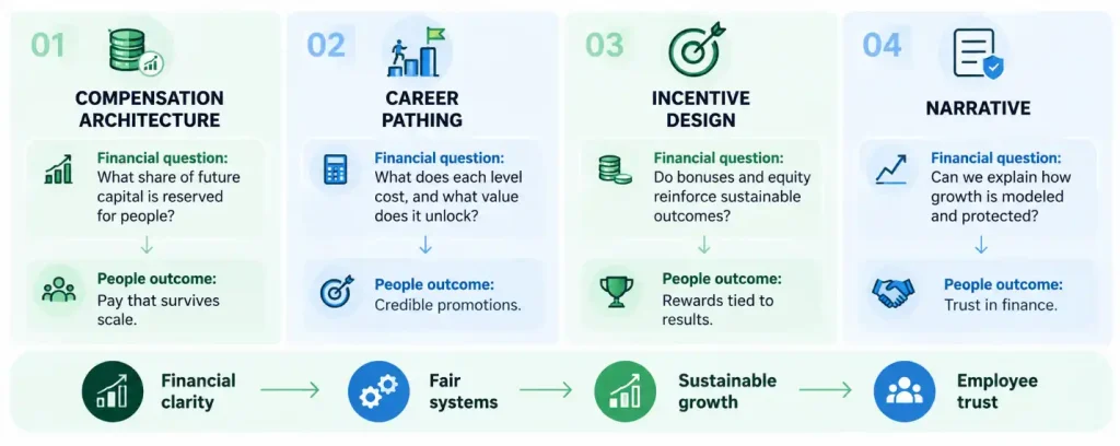 Framework linking compensation architecture, career pathing, incentive design, and narrative to employee trust through financial clarity