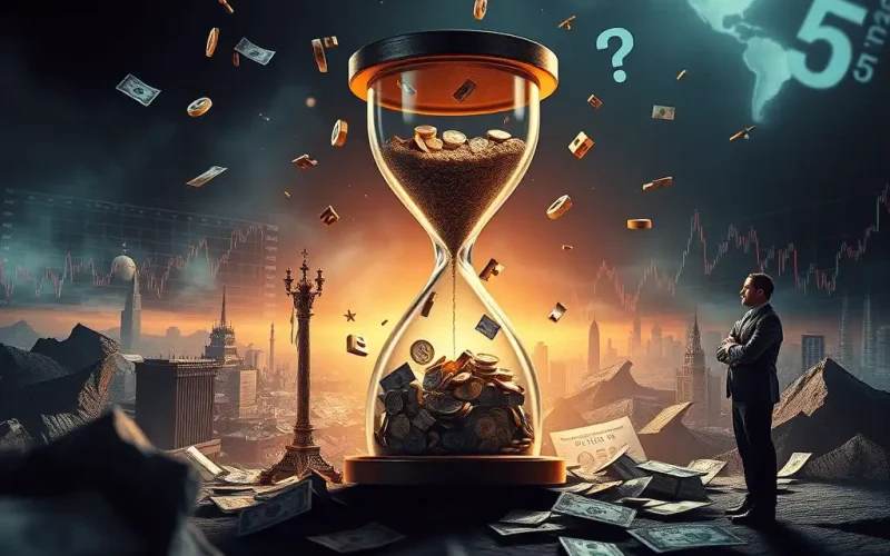 Strategic forecasting in high-inflation environments shown as an hourglass of coins with a CFO watching volatile markets