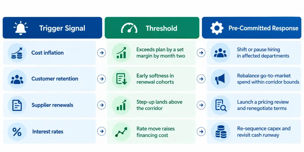 Strategic forecasting framework mapping inflation trigger signals and thresholds to pre-committed CFO responses