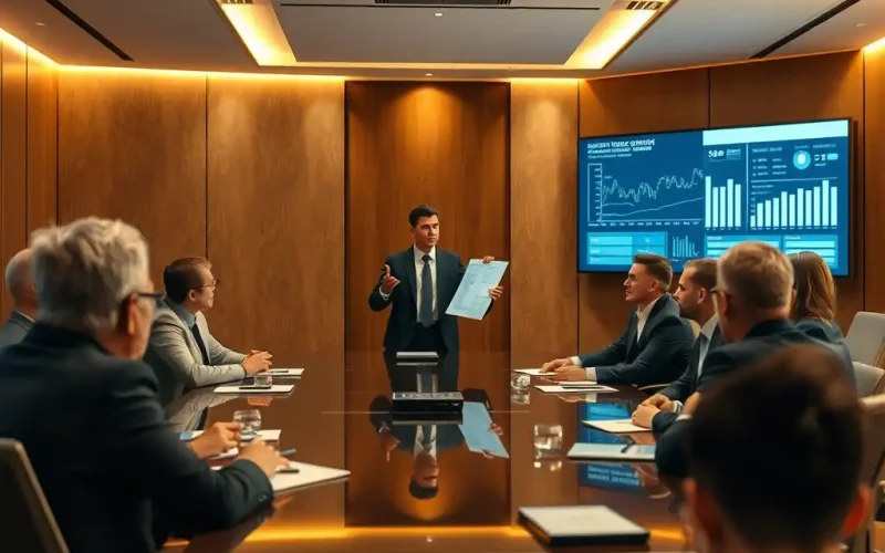 CFO presenting financial frameworks to directors in a boardroom during a board governance meeting with performance charts on screen
