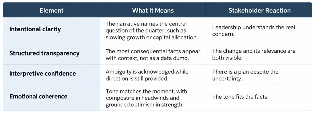 Table of the four elements of a financial narrative that builds stakeholder trust: clarity, transparency, confidence and coherence
