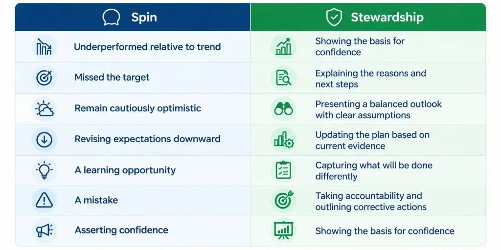 Spin vs stewardship comparison table showing how honest financial language strengthens a CFO stakeholder engagement strategy
