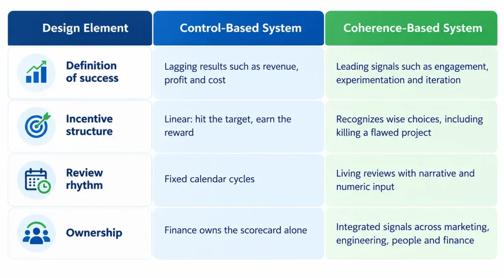 Performance management strategies comparison of control-based and coherence-based systems across success, incentives, review rhythm and ownership