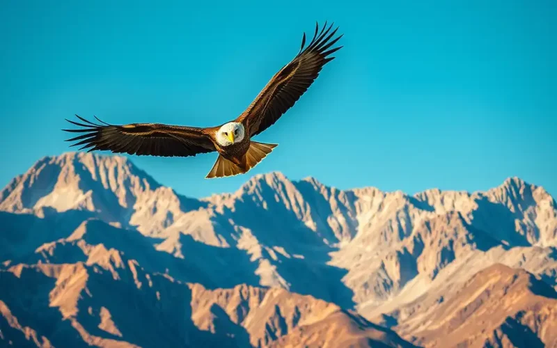 Eagle soaring over a rugged mountain range against a clear blue sky, symbolizing forward-looking strategic financial planning