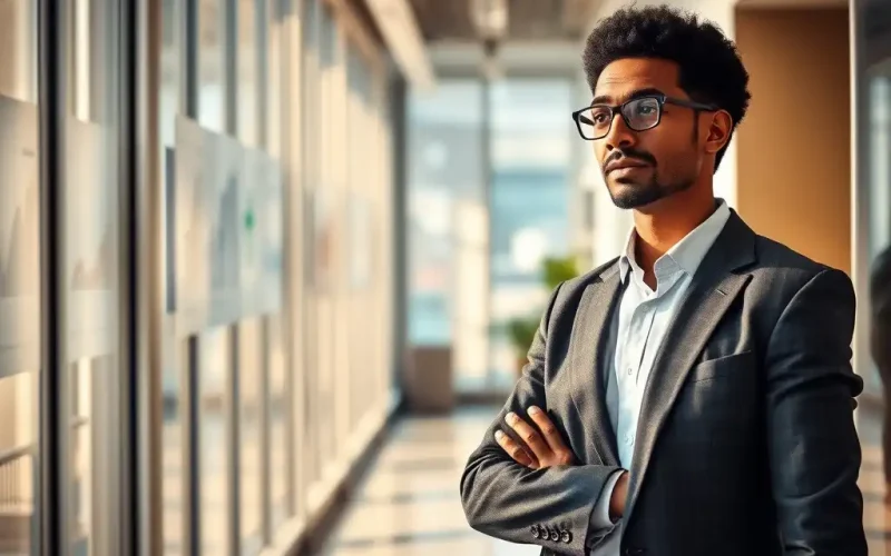Emerging leader reflecting on financial KPIs and leadership development in a modern office hallway