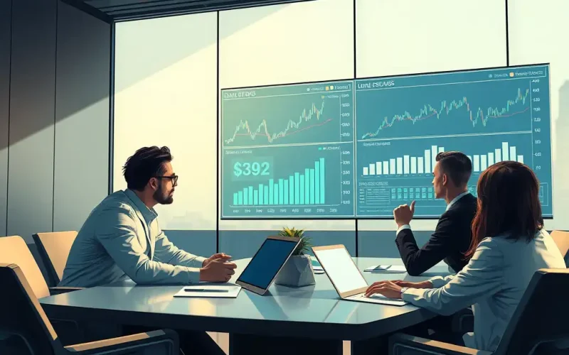 Finance leaders reviewing cash flow dashboards in a boardroom to improve cash flow and plan funding for innovation