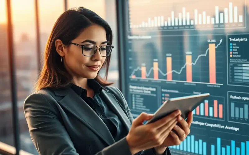 CFO reviewing operating leverage and financial leverage metrics on a tablet in front of profit growth dashboards