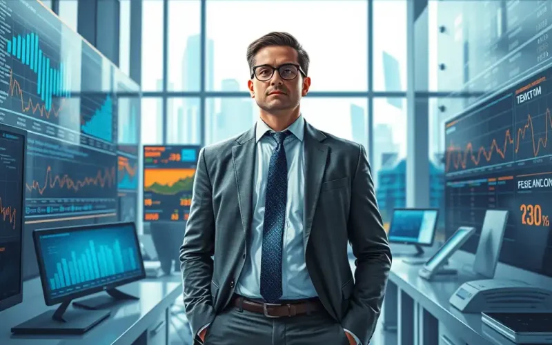 CFO standing in a modern office surrounded by financial dashboards and data analytics screens showing real-time performance metrics