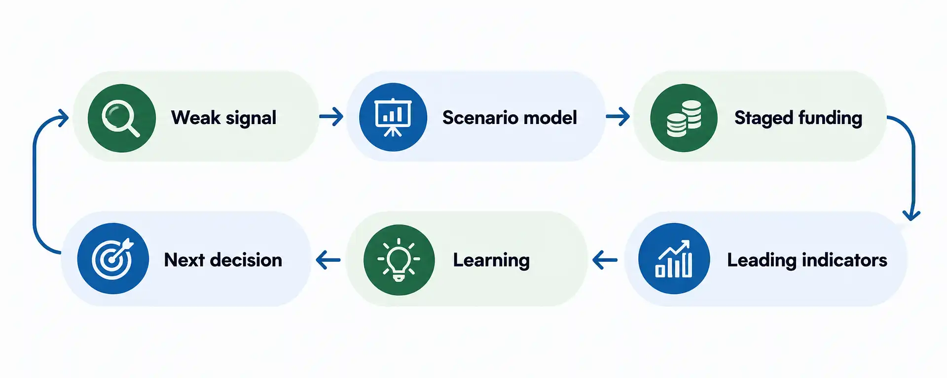 Continuous decision cycle for transformation finance: weak signal, scenario model, staged funding, leading indicators, learning, and next decision
