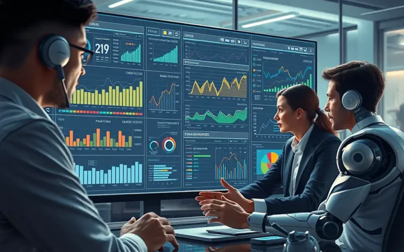 Finance team and AI robot reviewing a financial analysis dashboard, showing how finance AI supports human judgment in financial controls
