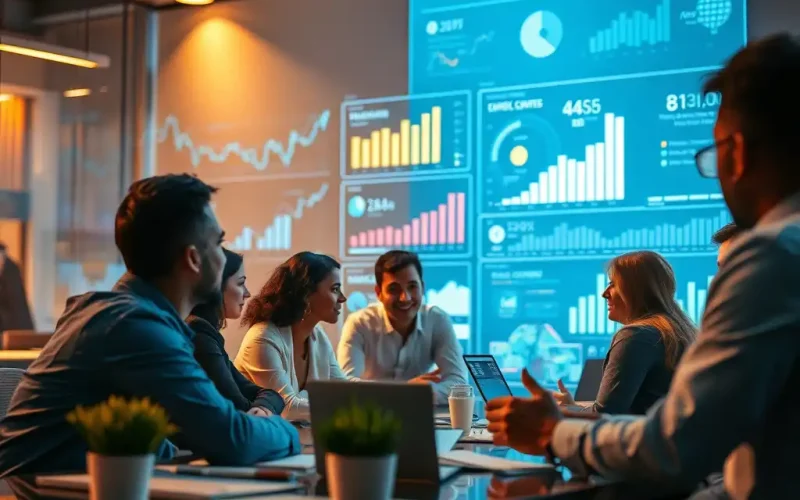 Finance team discussing dashboards in a meeting, showing organizational culture in finance during a finance transformation
