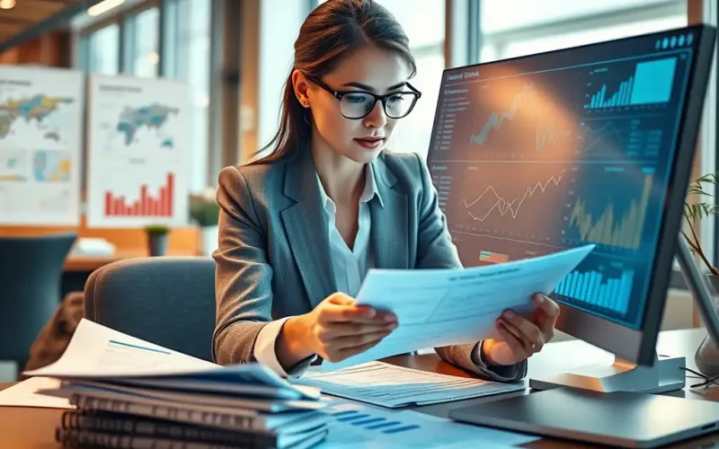 Finance professional reviewing variance reports and forecast documents beside a dashboard of financial performance charts