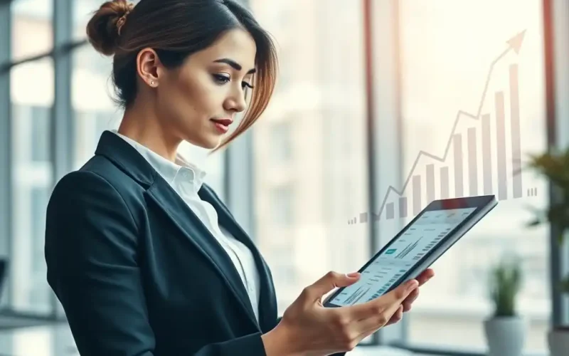 Finance executive reviewing operating leverage and revenue growth charts on a tablet
