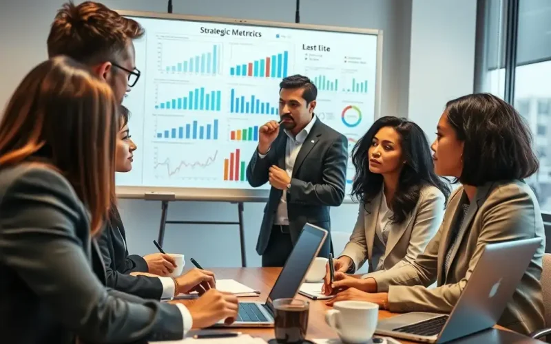 Finance team reviewing strategic metrics dashboards in a meeting to prepare investor reporting