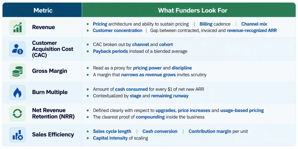 Financial metrics funders look for, including revenue, customer acquisition cost, gross margin, burn multiple, net revenue retention and sales efficiency