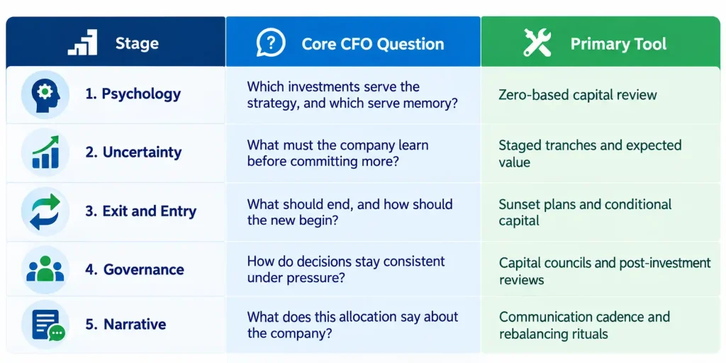 Five-part capital allocation model for strategic pivots covering psychology, uncertainty, exit and entry, governance, and narrative
