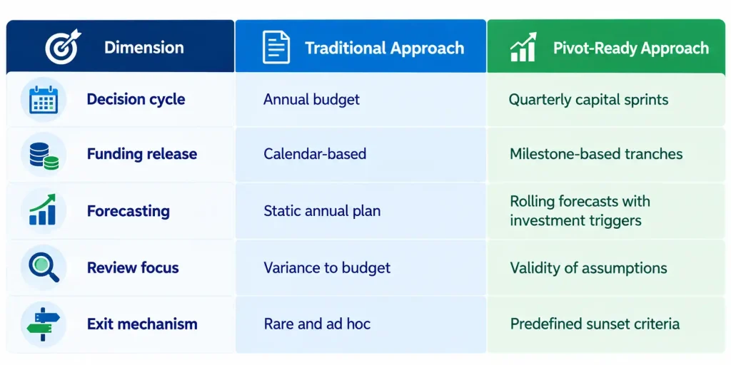 Capital allocation governance comparison showing traditional annual budgets versus pivot-ready quarterly capital sprints and milestone-based funding