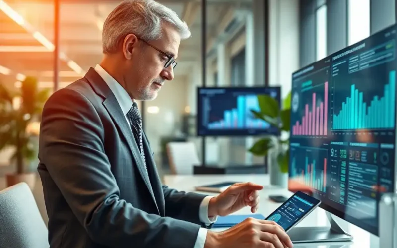 CFO reviewing cash flow accuracy on ERP financial dashboards and a tablet in a modern office