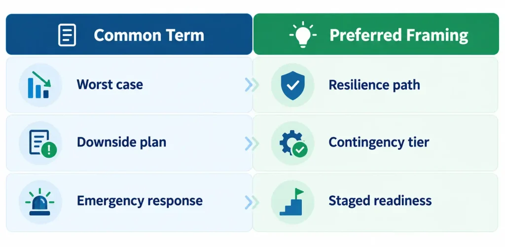 Scenario planning language table that replaces worst case, downside plan and emergency response with resilience path, contingency tier and staged readiness