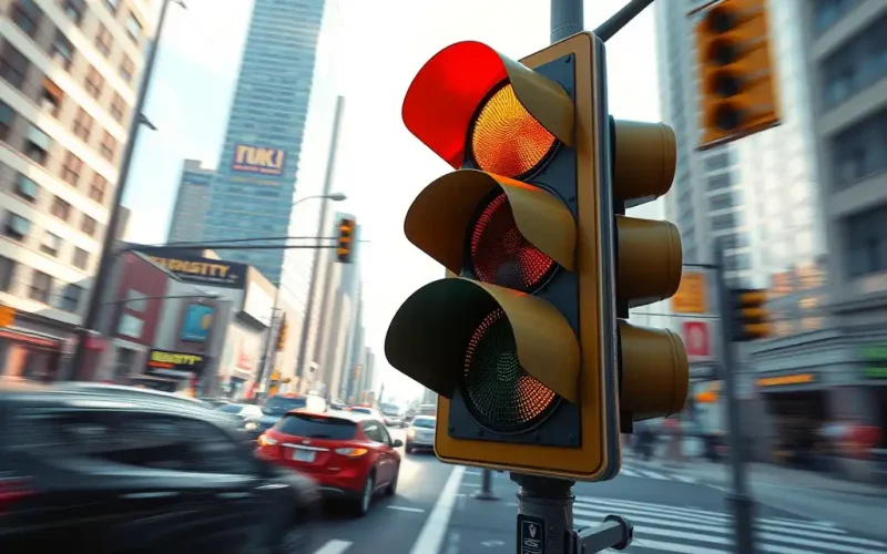 City traffic light showing red, amber and green, a metaphor for reading financial signals and stakeholder expectations