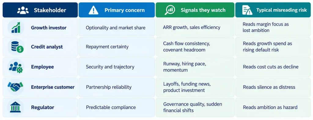 Table showing how growth investors, credit analysts, employees, customers and regulators interpret financial signals
